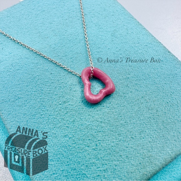 Tiffany &amp; Co. 925 Silver Peretti Pink Rhodonite Open Heart 16&quot; Necklace (boxset)